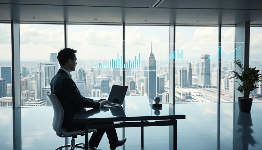 A modern, sleek office interior with a large window overlooking a cityscape. In the foreground, a smartly dressed financial advisor sits at a minimalist desk, reviewing holographic financial projections hovering above their laptop. The middle ground features an array of futuristic charts, graphs, and AI-driven analytical tools displayed on floating screens. The background showcases a panoramic view of a bustling, high-tech metropolis, with skyscrapers and autonomous vehicles visible in the distance. Crisp, directional lighting illuminates the scene, creating a sense of sophistication and technological advancement. The overall atmosphere conveys the seamless integration of artificial intelligence into the world of financial planning. A modern, sleek office interior with a large window overlooking a cityscape. In the foreground, a smartly dressed financial advisor sits at a minimalist desk, reviewing holographic financial projections hovering above their laptop. The middle ground features an array of futuristic charts, graphs, and AI-driven analytical tools displayed on floating screens. The background showcases a panoramic view of a bustling, high-tech metropolis, with skyscrapers and autonomous vehicles visible in the distance. Crisp, directional lighting illuminates the scene, creating a sense of sophistication and technological advancement. The overall atmosphere conveys the seamless integration of artificial intelligence into the world of financial planning.