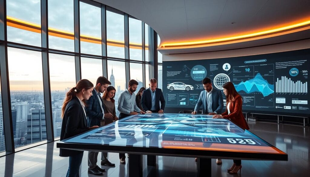 A modern, sleek office interior with a panoramic city skyline view through floor-to-ceiling windows. In the foreground, a group of young, diverse professionals engrossed in digital displays and collaborative work on a large, interactive touchscreen table. The middle ground features abstract data visualizations and dynamic infographics projected onto the walls, conveying the latest insurtech trends and analytics. The background is illuminated by warm, diffused lighting, creating a sense of technological sophistication and innovation. The overall atmosphere is one of forward-thinking, data-driven insurance solutions for the future. A modern, sleek office interior with a panoramic city skyline view through floor-to-ceiling windows. In the foreground, a group of young, diverse professionals engrossed in digital displays and collaborative work on a large, interactive touchscreen table. The middle ground features abstract data visualizations and dynamic infographics projected onto the walls, conveying the latest insurtech trends and analytics. The background is illuminated by warm, diffused lighting, creating a sense of technological sophistication and innovation. The overall atmosphere is one of forward-thinking, data-driven insurance solutions for the future.