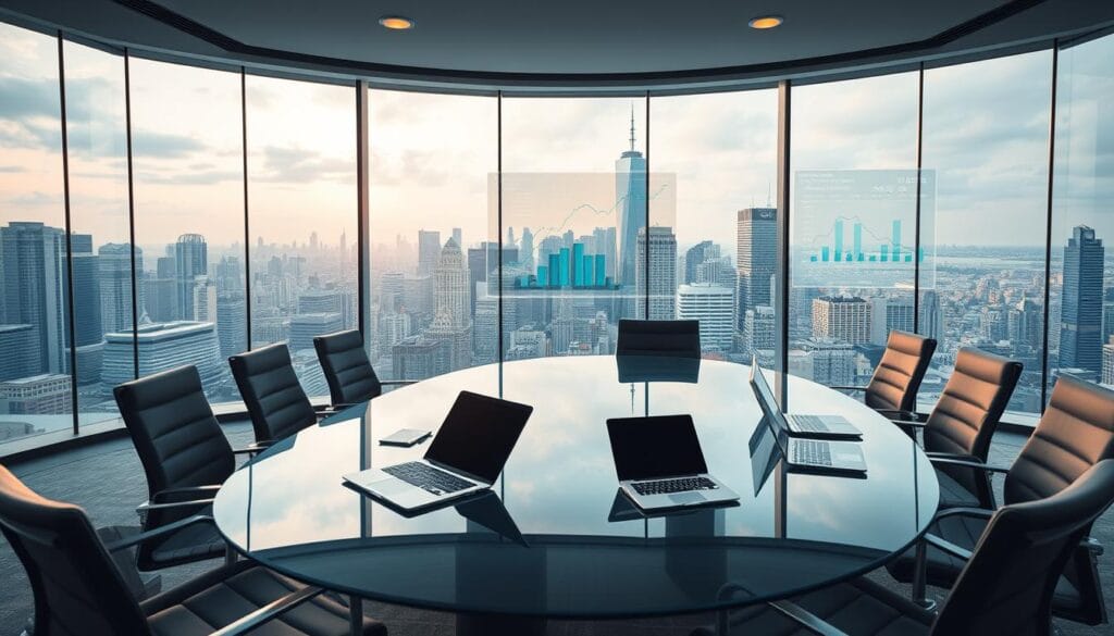 A modern, sleek office interior with floor-to-ceiling windows overlooking a bustling cityscape. In the foreground, a glass-topped conference table surrounded by ergonomic chairs, with a state-of-the-art laptop and tablet devices arranged neatly. Soft, warm lighting illuminates the space, creating a professional yet inviting atmosphere. In the middle ground, a large interactive display panel showcases various AI-powered investment platforms, with dynamic charts and infographics. The background features a panoramic view of a thriving metropolis, with skyscrapers and infrastructure reflecting the technological advancements of the financial sector. The overall scene conveys a sense of innovation, efficiency, and the seamless integration of AI into the world of wealth management. A modern, sleek office interior with floor-to-ceiling windows overlooking a bustling cityscape. In the foreground, a glass-topped conference table surrounded by ergonomic chairs, with a state-of-the-art laptop and tablet devices arranged neatly. Soft, warm lighting illuminates the space, creating a professional yet inviting atmosphere. In the middle ground, a large interactive display panel showcases various AI-powered investment platforms, with dynamic charts and infographics. The background features a panoramic view of a thriving metropolis, with skyscrapers and infrastructure reflecting the technological advancements of the financial sector. The overall scene conveys a sense of innovation, efficiency, and the seamless integration of AI into the world of wealth management.