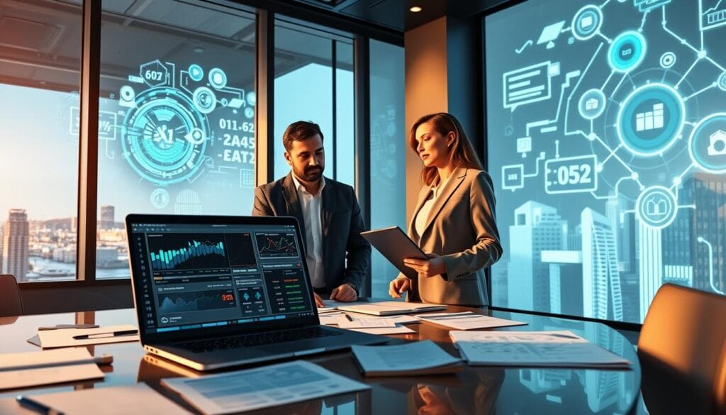 A modern, sleek office interior with floor-to-ceiling windows overlooking a cityscape. In the foreground, a desk with a laptop, tablet, and various finance-related documents. On the laptop screen, a graphical user interface displaying loan approval data and analytics. In the middle ground, two professionals, a man and a woman, collaborating on the AI-driven lending system, their expressions focused and confident. The background features abstract visualizations of data flows, algorithms, and financial models projected on the walls, creating an immersive, technology-driven atmosphere. The lighting is soft and warm, accentuating the professionalism and innovation of the scene. The overall composition conveys the key benefits of AI in modernizing the lending industry. A modern, sleek office interior with floor-to-ceiling windows overlooking a cityscape. In the foreground, a desk with a laptop, tablet, and various finance-related documents. On the laptop screen, a graphical user interface displaying loan approval data and analytics. In the middle ground, two professionals, a man and a woman, collaborating on the AI-driven lending system, their expressions focused and confident. The background features abstract visualizations of data flows, algorithms, and financial models projected on the walls, creating an immersive, technology-driven atmosphere. The lighting is soft and warm, accentuating the professionalism and innovation of the scene. The overall composition conveys the key benefits of AI in modernizing the lending industry.