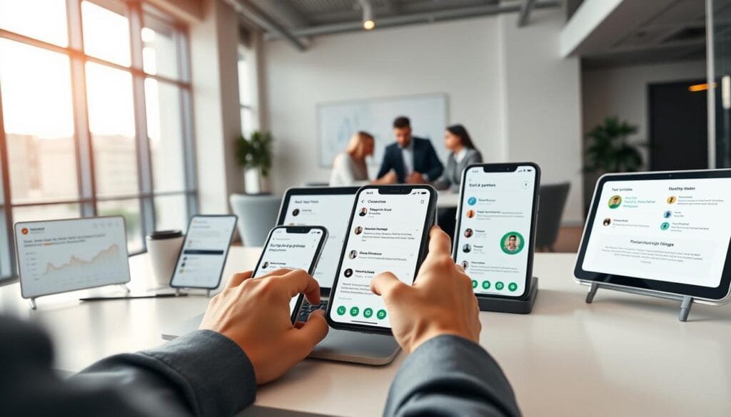 A modern, sleek office interior with large windows and minimalist furnishings. On the desk, a laptop and several mobile devices display various financial apps and customer review pages. In the foreground, a person's hands are interacting with the touchscreens, showcasing the user-friendly interfaces of the blockchain-powered budgeting tools. The middle ground features several people collaborating around the desk, discussing the apps' features and benefits. The background is softly illuminated, creating a warm, professional atmosphere conducive to financial planning and decision-making.