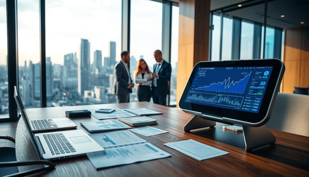A modern, sleek office interior with large windows overlooking a bustling city skyline. In the foreground, a wooden desk with a laptop, a tablet, and various financial documents arranged neatly. On the desk, a sophisticated-looking artificial intelligence assistant device, its display showing graphs, charts, and projections. In the middle ground, a team of business professionals engaged in a collaborative discussion, pointing at the device and the documents. The lighting is warm and natural, with a hint of blue hues from the digital displays. The overall atmosphere conveys a sense of innovation, technology, and strategic decision-making. A modern, sleek office interior with large windows overlooking a bustling city skyline. In the foreground, a wooden desk with a laptop, a tablet, and various financial documents arranged neatly. On the desk, a sophisticated-looking artificial intelligence assistant device, its display showing graphs, charts, and projections. In the middle ground, a team of business professionals engaged in a collaborative discussion, pointing at the device and the documents. The lighting is warm and natural, with a hint of blue hues from the digital displays. The overall atmosphere conveys a sense of innovation, technology, and strategic decision-making.