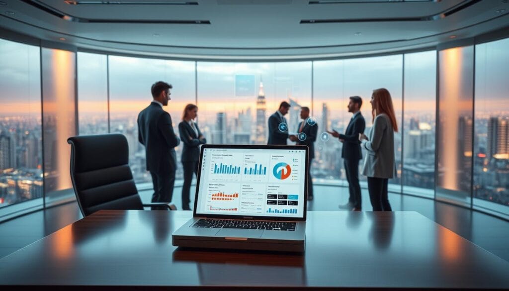A modern, sleek office setting with an executive desk and chair in the foreground. On the desk, a laptop displays insurance underwriting data and pricing analytics in a clean, intuitive interface. The middle ground features a team of insurance professionals collaborating, deep in discussion, surrounded by holographic data visualizations. In the background, a panoramic window overlooks a futuristic cityscape, bathed in warm, diffused lighting. The overall atmosphere conveys the seamless integration of AI-powered tools to enhance insurance underwriting and pricing, driving efficiency and precision.