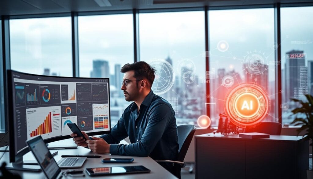 A modern, sleek office setting with floor-to-ceiling windows overlooking a cityscape. In the foreground, a data analyst intently studying insurance risk assessment dashboards on a curved ultrawide monitor, their expression focused and determined. Surrounding them, an array of interconnected devices - tablets, smartphones, and a high-performance workstation - all working in harmony to process and analyze vast troves of insurance data. In the middle ground, an AI assistant hovers, its holographic interface shimmering with insights and recommendations. The background features abstract data visualizations - swirling graphs, heat maps, and predictive models - all conveying the power of AI-driven risk assessment. The scene is bathed in a warm, futuristic glow, reflecting the transformative potential of this technology. A modern, sleek office setting with floor-to-ceiling windows overlooking a cityscape. In the foreground, a data analyst intently studying insurance risk assessment dashboards on a curved ultrawide monitor, their expression focused and determined. Surrounding them, an array of interconnected devices - tablets, smartphones, and a high-performance workstation - all working in harmony to process and analyze vast troves of insurance data. In the middle ground, an AI assistant hovers, its holographic interface shimmering with insights and recommendations. The background features abstract data visualizations - swirling graphs, heat maps, and predictive models - all conveying the power of AI-driven risk assessment. The scene is bathed in a warm, futuristic glow, reflecting the transformative potential of this technology.