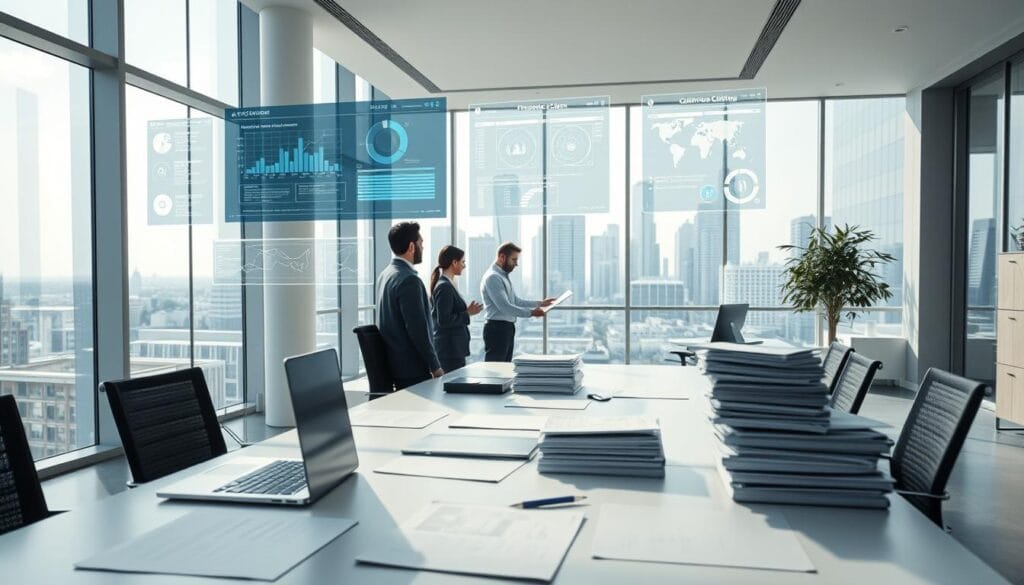 A modern, sleek office space with floor-to-ceiling windows, allowing natural light to flood the room. In the foreground, a large desk with a laptop, tablet, and stacks of documents, representing the core of the claims processing workflow. Holographic user interfaces and AI-powered data visualization screens float above the desk, showcasing real-time analytics and insights. In the middle ground, several employees collaborating on a complex claim, using gesture-based controls and conversational AI to expedite the process. The background features a cityscape view, hinting at the integration of AI-powered claims processing with the wider insurance ecosystem. The overall atmosphere is one of efficiency, innovation, and a seamless blend of human expertise and cutting-edge technology. A modern, sleek office space with floor-to-ceiling windows, allowing natural light to flood the room. In the foreground, a large desk with a laptop, tablet, and stacks of documents, representing the core of the claims processing workflow. Holographic user interfaces and AI-powered data visualization screens float above the desk, showcasing real-time analytics and insights. In the middle ground, several employees collaborating on a complex claim, using gesture-based controls and conversational AI to expedite the process. The background features a cityscape view, hinting at the integration of AI-powered claims processing with the wider insurance ecosystem. The overall atmosphere is one of efficiency, innovation, and a seamless blend of human expertise and cutting-edge technology.