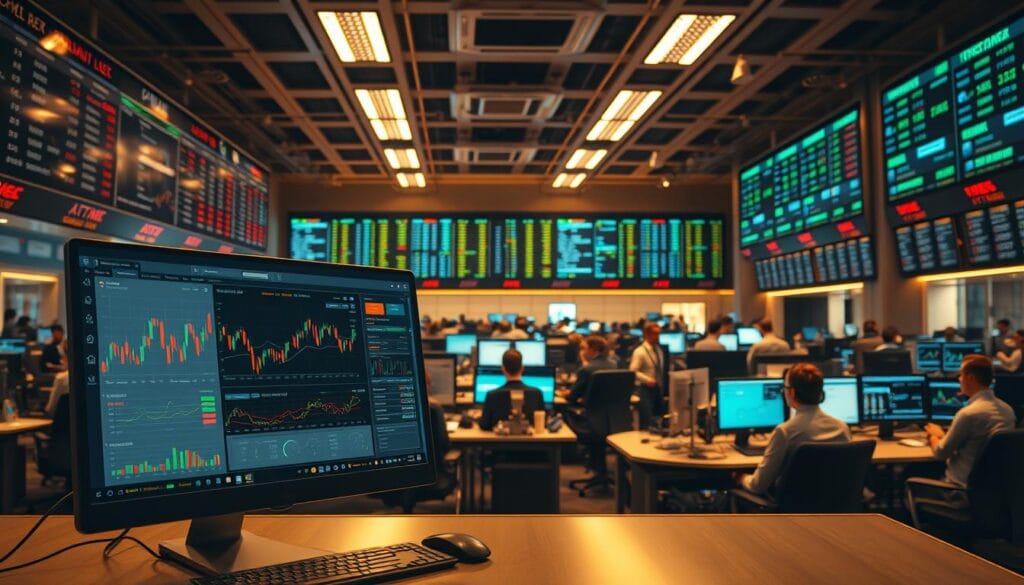A modern, sleek trading platform with intuitive automation tools, data visualizations, and integrated AI-powered analysis. The foreground features a desktop display with customizable layouts, real-time stock tickers, and interactive charts. In the middle ground, an array of smart trading bots and algorithmic strategies execute trades seamlessly. The background depicts a bustling institutional trading floor, with analysts monitoring multiple screens and making data-driven decisions. The scene is illuminated by warm, focused lighting, creating a sense of productivity and efficiency in the high-tech financial landscape of 2025. A modern, sleek trading platform with intuitive automation tools, data visualizations, and integrated AI-powered analysis. The foreground features a desktop display with customizable layouts, real-time stock tickers, and interactive charts. In the middle ground, an array of smart trading bots and algorithmic strategies execute trades seamlessly. The background depicts a bustling institutional trading floor, with analysts monitoring multiple screens and making data-driven decisions. The scene is illuminated by warm, focused lighting, creating a sense of productivity and efficiency in the high-tech financial landscape of 2025.