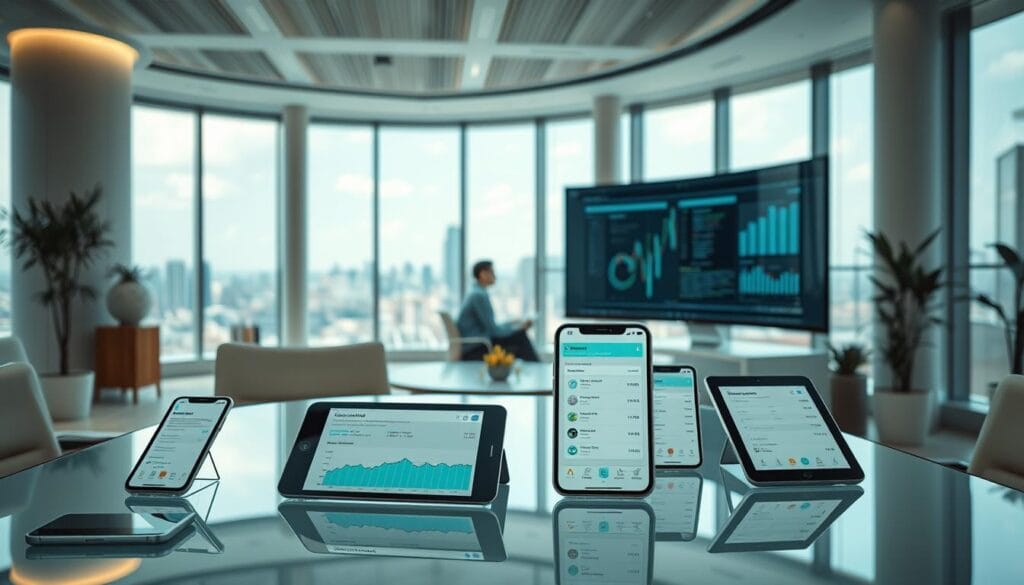 A modern, sophisticated office interior with sleek, minimalist furniture and natural lighting. In the foreground, a glass-topped desk showcases various AI-powered expense tracking apps on high-resolution tablets and smartphones. The middle ground features a contemplative office worker reviewing expense reports on a large, curved computer monitor. The background reveals floor-to-ceiling windows, offering a panoramic city skyline view. The overall atmosphere is one of efficiency, productivity, and technological innovation, perfectly capturing the essence of "How to Choose the Right AI Expense Tracker for Your Needs". A modern, sophisticated office interior with sleek, minimalist furniture and natural lighting. In the foreground, a glass-topped desk showcases various AI-powered expense tracking apps on high-resolution tablets and smartphones. The middle ground features a contemplative office worker reviewing expense reports on a large, curved computer monitor. The background reveals floor-to-ceiling windows, offering a panoramic city skyline view. The overall atmosphere is one of efficiency, productivity, and technological innovation, perfectly capturing the essence of "How to Choose the Right AI Expense Tracker for Your Needs".