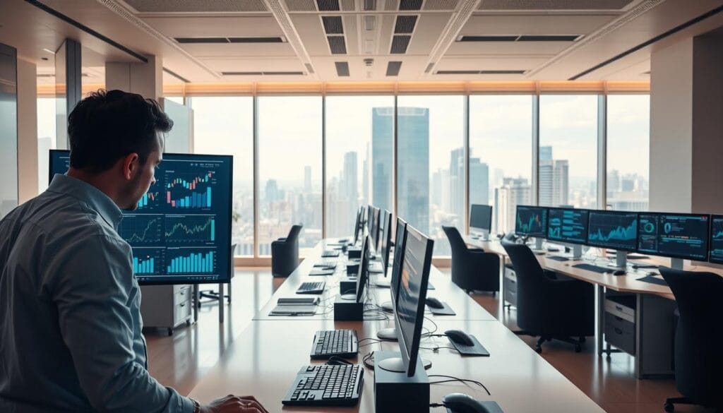A modern, streamlined office interior with clean lines and minimalist decor. In the foreground, a financial analyst reviews charts and graphs on a sleek, high-resolution display, their focus intense as they analyze the data. The middle ground features an orderly array of state-of-the-art desktop computers and peripherals, reflecting the efficient workflow of the team. The background showcases floor-to-ceiling windows, bathing the space in warm, natural light and offering a panoramic view of a bustling cityscape. The overall atmosphere conveys a sense of productivity, technological sophistication, and a keen attention to detail that typifies the world of advanced financial forecasting. A modern, streamlined office interior with clean lines and minimalist decor. In the foreground, a financial analyst reviews charts and graphs on a sleek, high-resolution display, their focus intense as they analyze the data. The middle ground features an orderly array of state-of-the-art desktop computers and peripherals, reflecting the efficient workflow of the team. The background showcases floor-to-ceiling windows, bathing the space in warm, natural light and offering a panoramic view of a bustling cityscape. The overall atmosphere conveys a sense of productivity, technological sophistication, and a keen attention to detail that typifies the world of advanced financial forecasting.