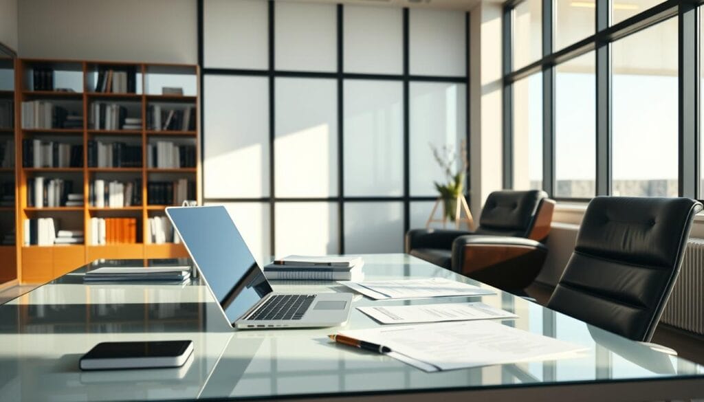 A modern, well-designed office interior with an abundance of natural light streaming through large windows. In the foreground, a sleek, glass-topped desk features a laptop, tablet, and various paperwork - representing the essential trust administration tools. Behind it, a bookshelf wall showcases a curated selection of finance and legal tomes. In the middle ground, a comfortable leather chair invites the user to sit and review trust documents. The overall mood is one of sophistication, efficiency, and a hint of progressive, tech-savvy approach to trust management. The lighting is warm yet crisp, casting subtle shadows that enhance the clean, minimalist aesthetic. A modern, well-designed office interior with an abundance of natural light streaming through large windows. In the foreground, a sleek, glass-topped desk features a laptop, tablet, and various paperwork - representing the essential trust administration tools. Behind it, a bookshelf wall showcases a curated selection of finance and legal tomes. In the middle ground, a comfortable leather chair invites the user to sit and review trust documents. The overall mood is one of sophistication, efficiency, and a hint of progressive, tech-savvy approach to trust management. The lighting is warm yet crisp, casting subtle shadows that enhance the clean, minimalist aesthetic.