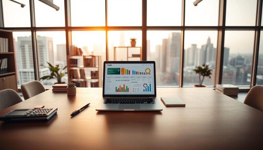 A modern, well-lit office interior with a large desk in the foreground. On the desk, an open laptop displaying a budgeting app dashboard, with colorful charts, graphs, and spending categories. Next to the laptop, various office supplies like a pen, calculator, and sticky notes. In the middle ground, a bookshelf with personal finance books and a potted plant. The background features large windows overlooking a city skyline, bathed in warm, natural lighting. The overall atmosphere is professional, organized, and focused on personal financial management. A modern, well-lit office interior with a large desk in the foreground. On the desk, an open laptop displaying a budgeting app dashboard, with colorful charts, graphs, and spending categories. Next to the laptop, various office supplies like a pen, calculator, and sticky notes. In the middle ground, a bookshelf with personal finance books and a potted plant. The background features large windows overlooking a city skyline, bathed in warm, natural lighting. The overall atmosphere is professional, organized, and focused on personal financial management.
