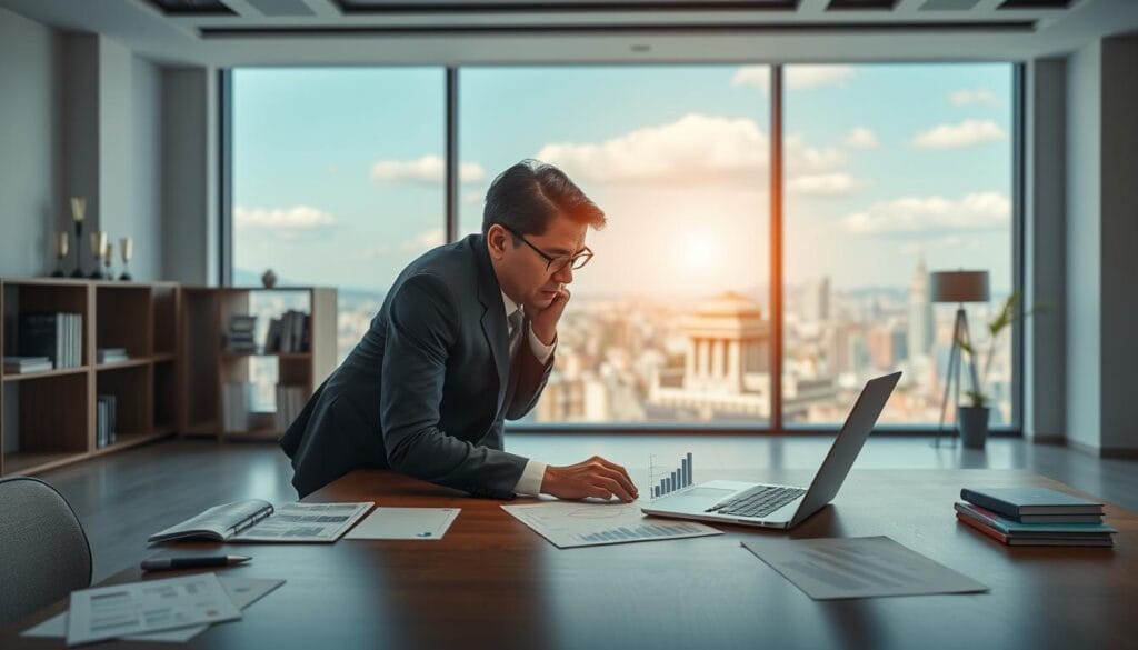 A modern, well-lit office setting with a large desk showcasing a laptop, financial documents, and a succinct chart depicting financial trends. The foreground features a business executive in a tailored suit, leaning over the desk deep in thought, their face reflecting the gravity and importance of the financial planning process. The middle ground shows a large window offering a panoramic view of a vibrant cityscape, symbolizing the strategic, far-reaching nature of predictive budgeting. The background features minimalist shelving with books and awards, conveying a sense of expertise and authority. The overall mood is one of concentration, innovation, and the transformative power of AI-driven financial planning. A modern, well-lit office setting with a large desk showcasing a laptop, financial documents, and a succinct chart depicting financial trends. The foreground features a business executive in a tailored suit, leaning over the desk deep in thought, their face reflecting the gravity and importance of the financial planning process. The middle ground shows a large window offering a panoramic view of a vibrant cityscape, symbolizing the strategic, far-reaching nature of predictive budgeting. The background features minimalist shelving with books and awards, conveying a sense of expertise and authority. The overall mood is one of concentration, innovation, and the transformative power of AI-driven financial planning.