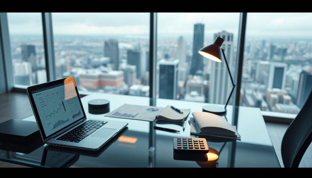 A modern workspace with a minimalist aesthetic, showcasing various financial tools seamlessly integrated on a sleek, glass-topped desk. In the foreground, a laptop displays interactive charts and graphs, while a tablet rests nearby, allowing for intuitive data analysis. The middle ground features a series of neatly organized financial documents and a calculator, all bathed in the warm glow of a desk lamp. In the background, a large window offers a view of a bustling city skyline, reflecting the dynamic nature of the financial industry. The lighting is soft and diffused, creating a sense of professionalism and efficiency, perfectly capturing the essence of the "Key Features to Look for in AI Cash Flow Tools" section. A modern workspace with a minimalist aesthetic, showcasing various financial tools seamlessly integrated on a sleek, glass-topped desk. In the foreground, a laptop displays interactive charts and graphs, while a tablet rests nearby, allowing for intuitive data analysis. The middle ground features a series of neatly organized financial documents and a calculator, all bathed in the warm glow of a desk lamp. In the background, a large window offers a view of a bustling city skyline, reflecting the dynamic nature of the financial industry. The lighting is soft and diffused, creating a sense of professionalism and efficiency, perfectly capturing the essence of the "Key Features to Look for in AI Cash Flow Tools" section.