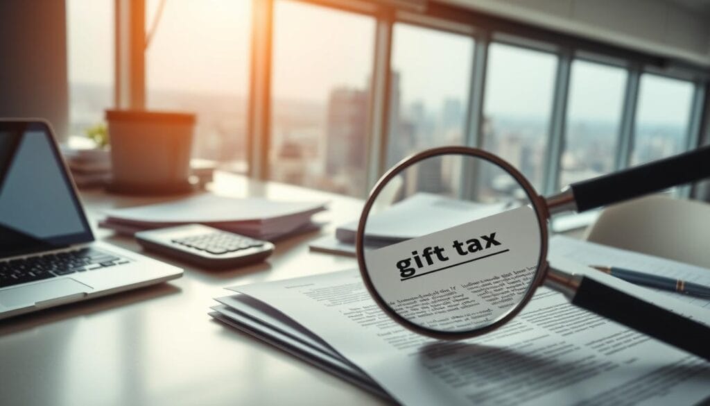A neatly organized office desk, with a laptop, calculator, and a stack of financial documents. In the foreground, a magnifying glass hovers over a dense legal document, highlighting the "gift tax" section. A warm, focused light illuminates the scene, creating a contemplative atmosphere. In the background, a panoramic window offers a view of a bustling city skyline, symbolizing the complex, ever-changing landscape of estate planning. The composition conveys the meticulous attention to detail and the weight of the decisions involved in addressing gift tax implications and future income tax issues.