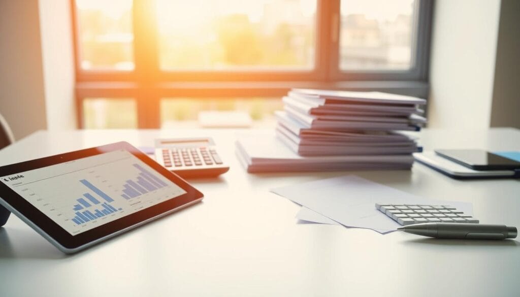 A neatly organized set of financial planning tools laid out on a clean, minimalist desk. In the foreground, a modern digital tablet displays charts and graphs, while a sleek calculator and a stack of documents occupy the middle ground. In the background, a large window lets in warm, natural lighting, creating a professional, productive atmosphere. The overall scene conveys a sense of informed, strategic financial decision-making, perfectly suited to illustrate the "Essential Investment Planning Tools and Resources" section of the article. A neatly organized set of financial planning tools laid out on a clean, minimalist desk. In the foreground, a modern digital tablet displays charts and graphs, while a sleek calculator and a stack of documents occupy the middle ground. In the background, a large window lets in warm, natural lighting, creating a professional, productive atmosphere. The overall scene conveys a sense of informed, strategic financial decision-making, perfectly suited to illustrate the "Essential Investment Planning Tools and Resources" section of the article.