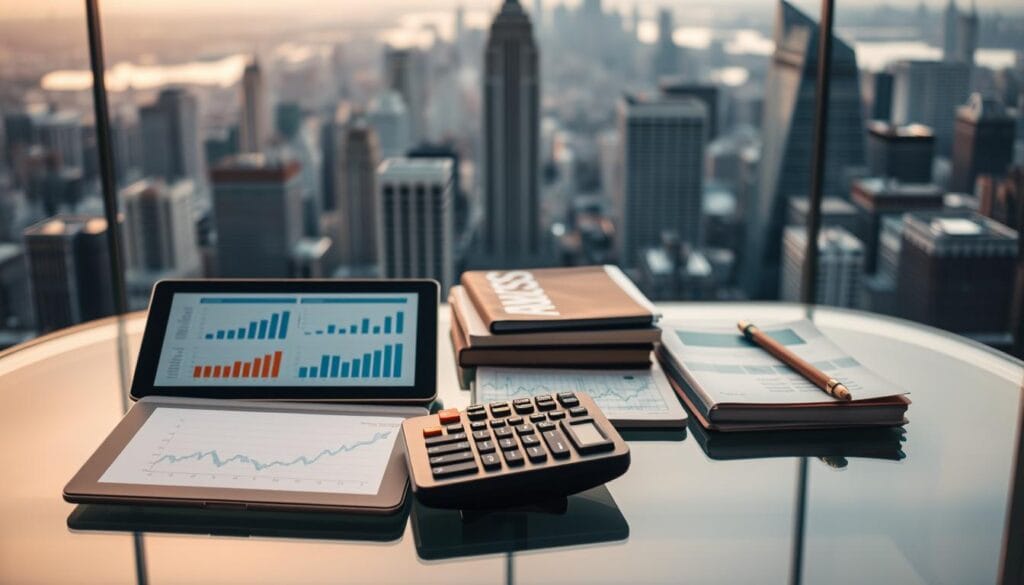 A neatly organized workspace featuring various risk assessment tools laid out on a glass desktop. In the foreground, a sleek tablet displays interactive charts and graphs, while a professional-grade financial calculator and a stack of well-thumbed investment guides occupy the middle ground. The background showcases a panoramic view of a bustling city skyline, conveying a sense of urban sophistication and the high-stakes world of modern finance. Warm, directional lighting illuminates the scene, casting subtle shadows and highlighting the precision and detail of the tools. The overall mood is one of focused analysis, strategic planning, and a commitment to prudent financial decision-making.