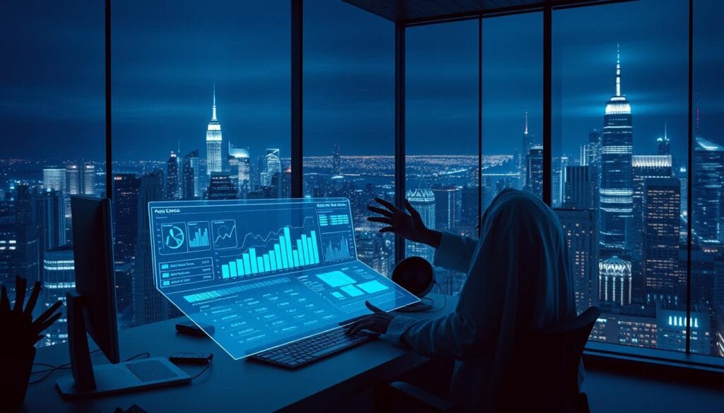 A neon-lit office at night, with a sleek, minimalist workspace. In the foreground, a holographic display projects advanced financial analytics, charts, and models, offering deep insights into cash flow patterns. In the middle ground, a cutting-edge AI assistant gestures towards the display, explaining the intricacies of the data. The background is a sprawling cityscape, skyscrapers illuminating the night sky, reflecting the forward-thinking, technology-driven nature of the scene. The lighting is dramatic, with a cool, blue-tinged tone, creating a sense of technological sophistication and futuristic elegance. A neon-lit office at night, with a sleek, minimalist workspace. In the foreground, a holographic display projects advanced financial analytics, charts, and models, offering deep insights into cash flow patterns. In the middle ground, a cutting-edge AI assistant gestures towards the display, explaining the intricacies of the data. The background is a sprawling cityscape, skyscrapers illuminating the night sky, reflecting the forward-thinking, technology-driven nature of the scene. The lighting is dramatic, with a cool, blue-tinged tone, creating a sense of technological sophistication and futuristic elegance.