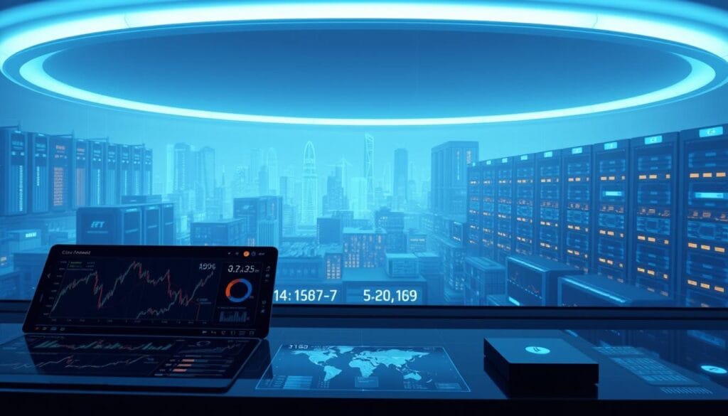 A panoramic digital landscape showcasing the complexities of cryptocurrency risk management for retirement savings. In the foreground, a sleek, futuristic dashboard displays a range of analytics and insights, bathed in a cool, blue-tinted lighting. The middle ground features cascading holographic charts and graphs, illustrating the dynamic nature of digital asset performance. In the distant background, a towering network of servers and data centers, their intricate circuitry and blinking lights conveying the underlying technological infrastructure powering the crypto ecosystem. The overall atmosphere is one of precision, control, and a sense of financial empowerment, capturing the essence of navigating the cryptocurrency landscape for long-term retirement planning. A panoramic digital landscape showcasing the complexities of cryptocurrency risk management for retirement savings. In the foreground, a sleek, futuristic dashboard displays a range of analytics and insights, bathed in a cool, blue-tinted lighting. The middle ground features cascading holographic charts and graphs, illustrating the dynamic nature of digital asset performance. In the distant background, a towering network of servers and data centers, their intricate circuitry and blinking lights conveying the underlying technological infrastructure powering the crypto ecosystem. The overall atmosphere is one of precision, control, and a sense of financial empowerment, capturing the essence of navigating the cryptocurrency landscape for long-term retirement planning.