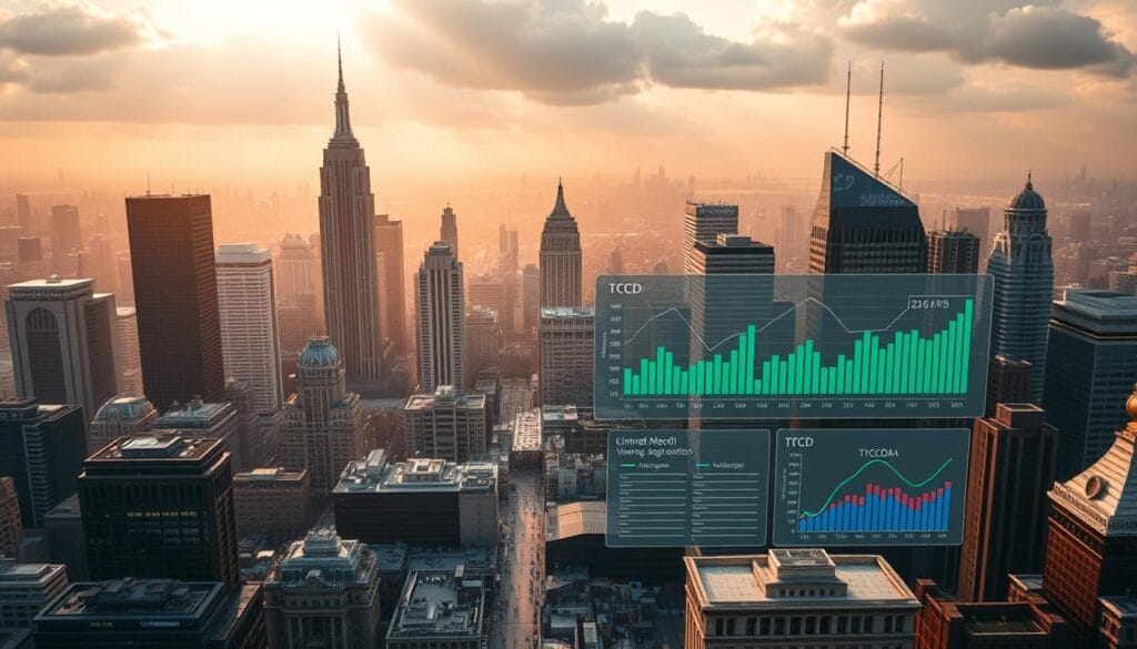 A panoramic view of a bustling cityscape, with towering skyscrapers and imposing government buildings. In the foreground, a financial district teeming with activity, with bankers and executives navigating the complexities of regulatory compliance and climate finance policies. The middle ground features a data visualization dashboard, displaying graphs and charts that illustrate the impact of TCFD (Task Force on Climate-related Financial Disclosures) recommendations on sustainable investment decisions. The background is bathed in a warm, golden light, suggesting an atmosphere of progress and innovation in the realm of green financing. The overall scene conveys a sense of the challenges and opportunities inherent in navigating the evolving landscape of climate-conscious regulations and responsible investment strategies.