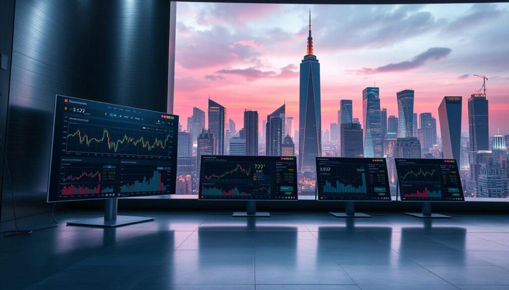 A panoramic view of a modern cryptocurrency trading platform, showcased against a sleek, metallic background. In the foreground, various digital assets are displayed on a large, high-resolution screen, with cutting-edge charts and analytical tools. The middle ground features a row of interactive dashboards, allowing users to seamlessly navigate and compare different investment options. In the background, a futuristic cityscape with towering skyscrapers and a vibrant, neon-lit skyline sets the scene, evoking a sense of technological innovation and financial prowess. The lighting is soft and directional, creating a sophisticated and immersive atmosphere that captures the essence of a leading cryptocurrency robo-advisor platform.