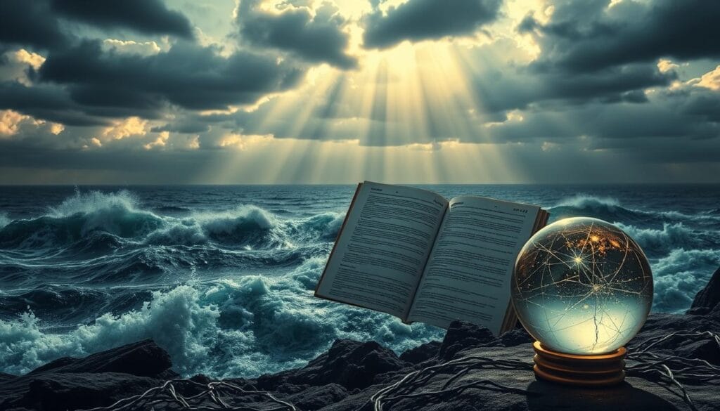 A panoramic view of a volatile financial landscape, with turbulent waves of cryptocurrency charts crashing against the rocky shores of uncertainty. In the foreground, a digital ledger floats ominously, its pages fluttering in a foreboding wind. Ominous storm clouds loom overhead, casting a somber tone, while shafts of sunlight pierce through, offering a glimmer of hope amidst the chaos. The scene is rendered in a muted color palette, evoking the weight of risk and the volatility inherent in the cryptocurrency market. Subtle details, such as a cracked crystal ball and a maze of tangled wires, hint at the complexities and unpredictability of this evolving digital domain.