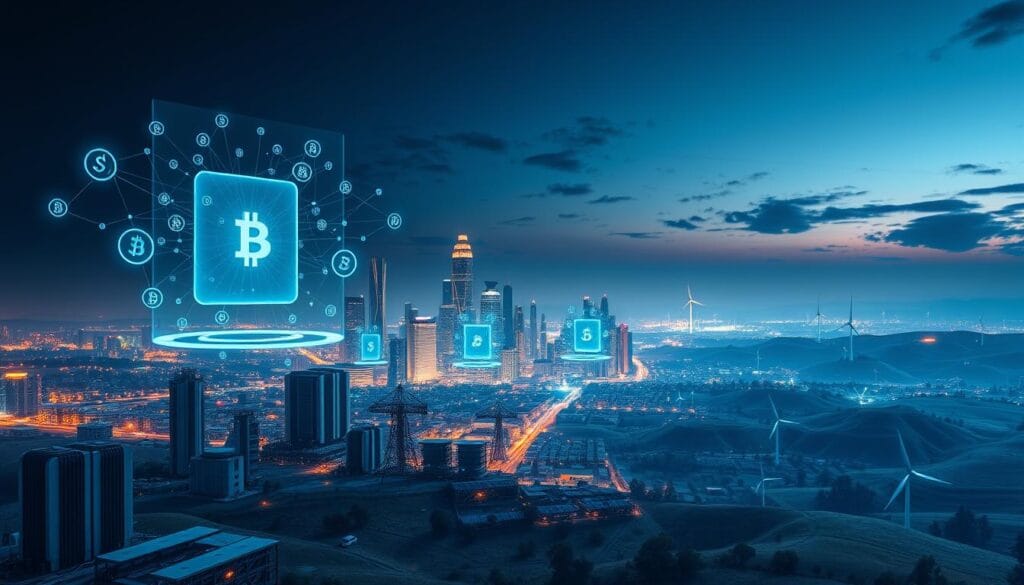 A panoramic view of the futuristic cryptocurrency landscape in 2025. In the foreground, a network of holographic data streams and transparent digital wallets float above a sleek, metal cityscape. In the middle ground, towering skyscrapers adorned with neon-lit cryptocurrency logos glow against a twilight sky. The background features rolling hills dotted with solar-powered mining rigs and wind turbines, harnessing renewable energy to power the decentralized financial system. A sense of technological progress and innovation permeates the scene, reflecting the dynamic evolution of the cryptocurrency industry.