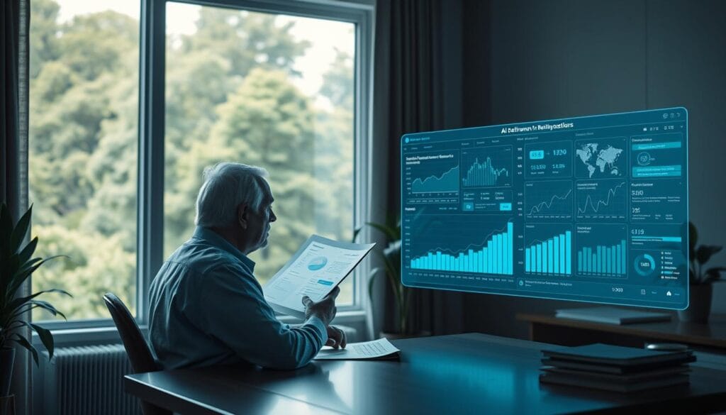A peaceful, serene office space with a large window overlooking a lush, green landscape. In the foreground, a senior person sits at a desk, intently studying financial reports on a sleek, holographic display. Subtle, ambient lighting bathes the scene, creating a calming atmosphere. The middle ground features an AI assistant, a holographic projection with a gentle, authoritative presence, guiding the person through retirement planning scenarios. In the background, a sophisticated, futuristic interface showcases various investment options and portfolio projections. The overall mood conveys a sense of security, ease, and confidence in the retirement planning process facilitated by advanced AI technology. A peaceful, serene office space with a large window overlooking a lush, green landscape. In the foreground, a senior person sits at a desk, intently studying financial reports on a sleek, holographic display. Subtle, ambient lighting bathes the scene, creating a calming atmosphere. The middle ground features an AI assistant, a holographic projection with a gentle, authoritative presence, guiding the person through retirement planning scenarios. In the background, a sophisticated, futuristic interface showcases various investment options and portfolio projections. The overall mood conveys a sense of security, ease, and confidence in the retirement planning process facilitated by advanced AI technology.