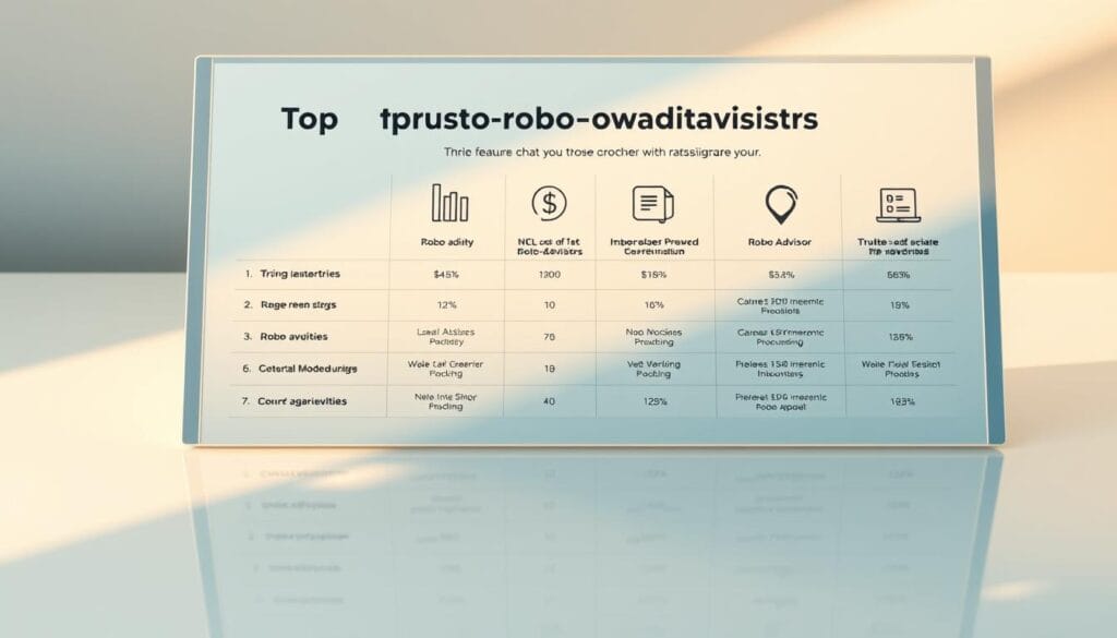 A photo-realistic comparison chart of top-rated robo-advisors in a sleek, modern style. The chart is displayed on a glossy, metallic surface, with a clean white background and subtle reflections. The robo-advisor icons are rendered in a minimalist, geometric style, showcasing their key features and capabilities using simple shapes and icons. The chart is well-organized, with clear labeling and a balanced layout that emphasizes the differences between the robo-advisors. Warm, directional lighting casts soft shadows, creating depth and a professional, high-quality aesthetic. The overall mood is one of efficiency, trustworthiness, and technological sophistication, reflecting the subject matter of the article. A photo-realistic comparison chart of top-rated robo-advisors in a sleek, modern style. The chart is displayed on a glossy, metallic surface, with a clean white background and subtle reflections. The robo-advisor icons are rendered in a minimalist, geometric style, showcasing their key features and capabilities using simple shapes and icons. The chart is well-organized, with clear labeling and a balanced layout that emphasizes the differences between the robo-advisors. Warm, directional lighting casts soft shadows, creating depth and a professional, high-quality aesthetic. The overall mood is one of efficiency, trustworthiness, and technological sophistication, reflecting the subject matter of the article.