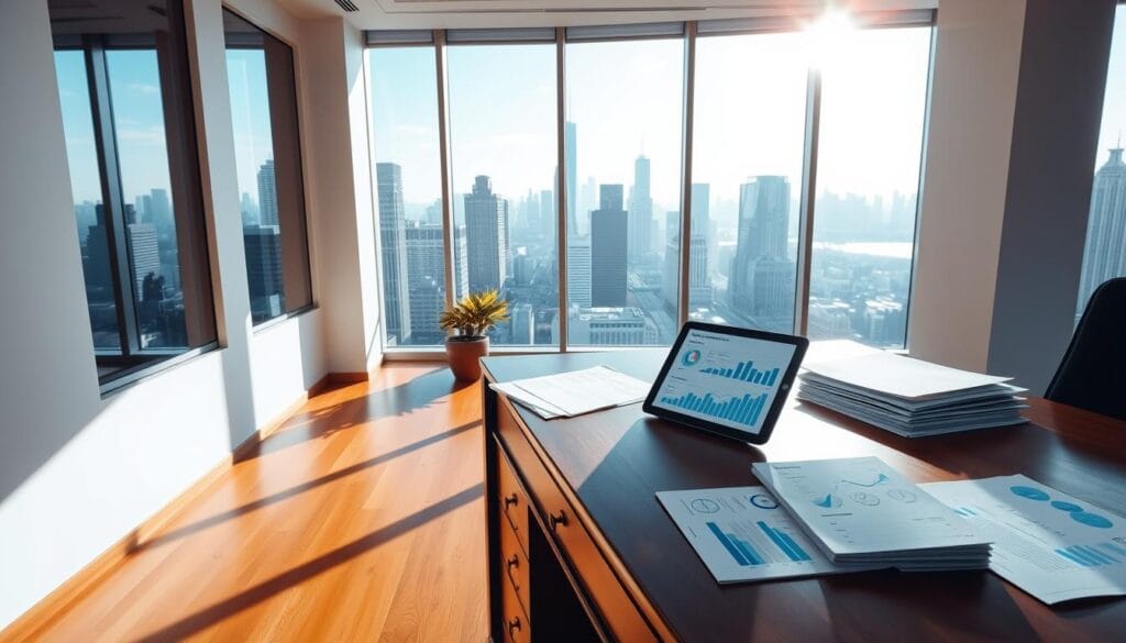 A pristine, sun-dappled office space, the warm oak floors contrasting with the sleek white walls. In the foreground, a well-appointed mahogany desk holds a tablet displaying various financial metrics and risk assessment tools. Behind it, a large window offers a panoramic view of a bustling city skyline, the glass panes reflecting the shifting play of light and shadow. On the desk, a carefully curated array of documents, graphs, and analytical tools convey a sense of thoughtful financial planning and prudent risk management. The overall atmosphere is one of quiet professionalism, efficiency, and a steadfast commitment to responsible, sustainable investment strategies. A pristine, sun-dappled office space, the warm oak floors contrasting with the sleek white walls. In the foreground, a well-appointed mahogany desk holds a tablet displaying various financial metrics and risk assessment tools. Behind it, a large window offers a panoramic view of a bustling city skyline, the glass panes reflecting the shifting play of light and shadow. On the desk, a carefully curated array of documents, graphs, and analytical tools convey a sense of thoughtful financial planning and prudent risk management. The overall atmosphere is one of quiet professionalism, efficiency, and a steadfast commitment to responsible, sustainable investment strategies.