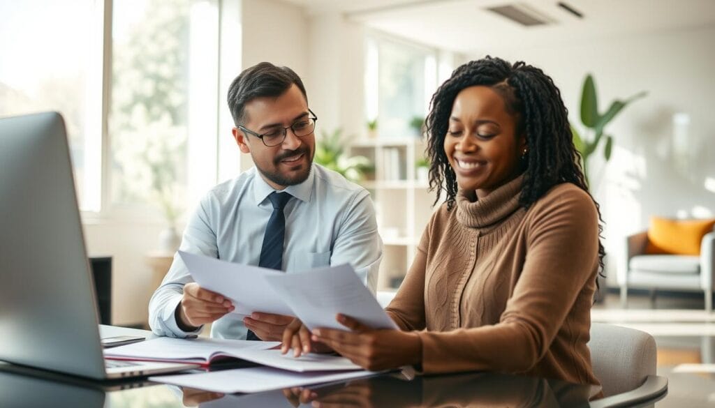 A professional financial advisor reviews paperwork as a person signs documents for an emergency microloan. The scene is set in a bright, welcoming office with modern furnishings and natural lighting from large windows. The advisor's expression is reassuring, conveying a sense of trust and care. The loan applicant appears relieved, hopeful for the quick financial relief the microloan will provide during their time of need. The overall atmosphere is one of compassion and efficiency, emphasizing the accessibility and humanity of the emergency microloan service.