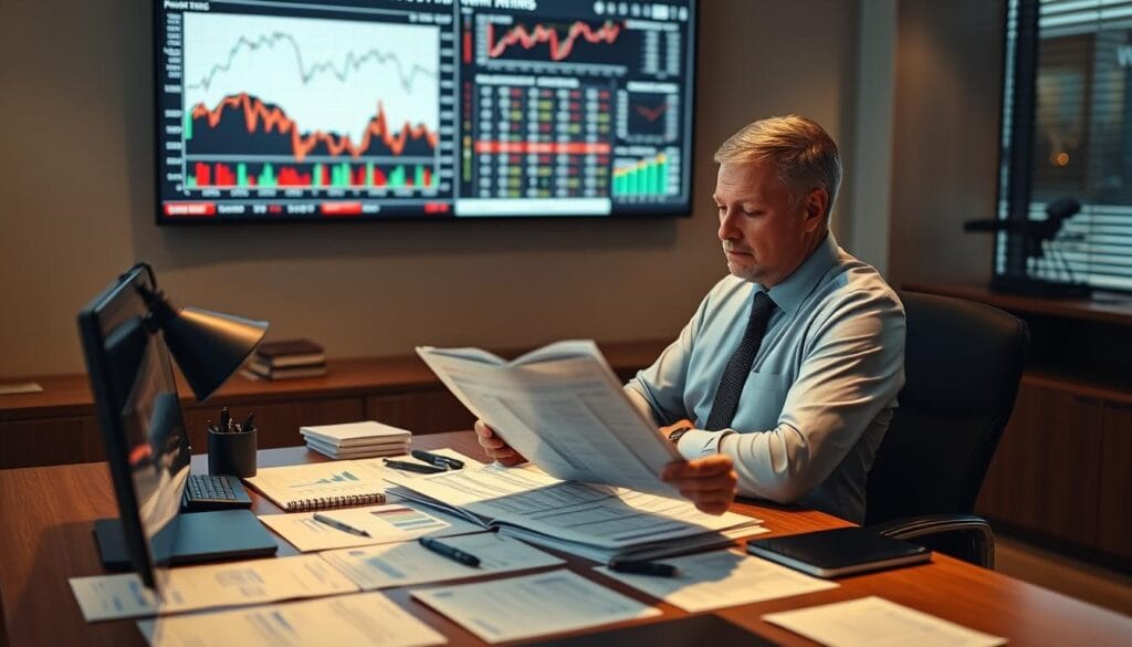 A professional financial advisor stands at a desk, surrounded by charts, graphs, and financial documents. Behind them, a wall display shows stock market trends and investment strategies. Warm, diffused lighting sets a contemplative mood as the advisor reviews tax-loss harvesting options for a client's portfolio. The scene conveys expertise, diligence, and a strategic approach to maximizing after-tax returns through smart, tax-efficient investing. A professional financial advisor stands at a desk, surrounded by charts, graphs, and financial documents. Behind them, a wall display shows stock market trends and investment strategies. Warm, diffused lighting sets a contemplative mood as the advisor reviews tax-loss harvesting options for a client's portfolio. The scene conveys expertise, diligence, and a strategic approach to maximizing after-tax returns through smart, tax-efficient investing.