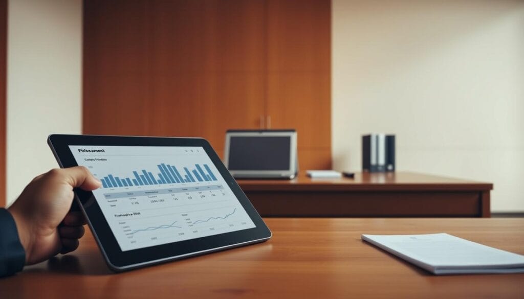 A professional financial profile assessment in a minimalist, modern style. In the foreground, a sleek tablet display showcases financial data and charts, rendered in shades of blue and gray. The middle ground features a stately wooden desk, with a laptop, pen, and folder neatly arranged. The background is a warm, neutral-toned office setting, with clean lines and muted lighting creating a serene, contemplative atmosphere. The composition emphasizes balance, precision, and the careful analysis of one's financial and estate position, setting the tone for the "Assessing Your Current Financial and Estate Profile" section.