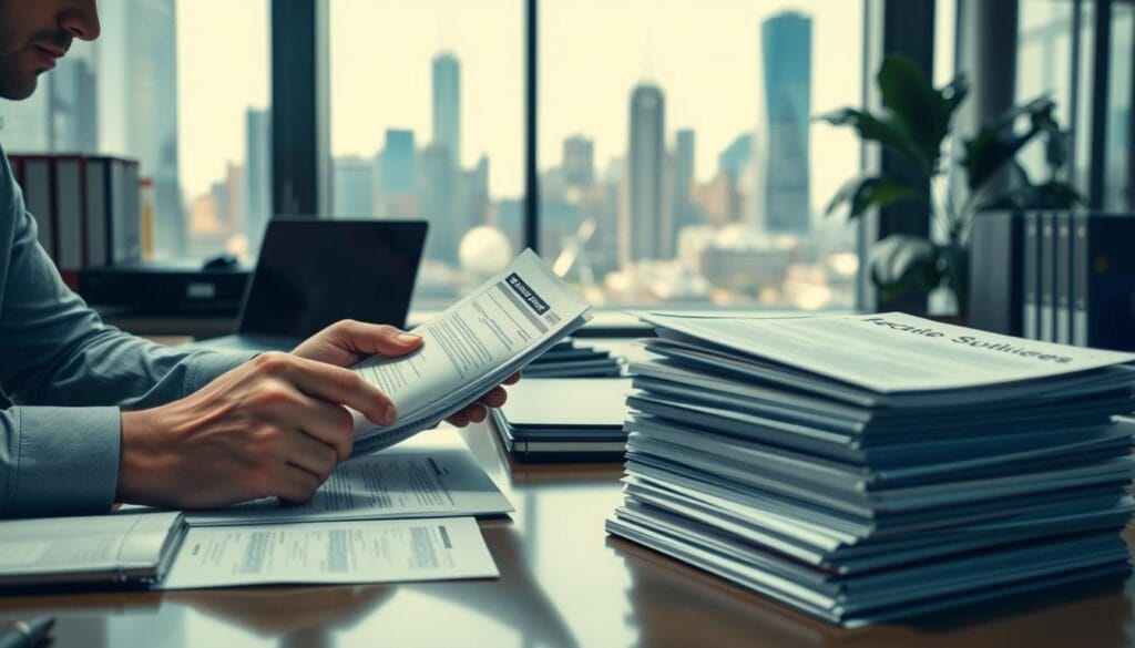 A professional, well-lit office setting with a desk, laptop, and various documents and folders. In the foreground, a person's hands reviewing financial documents, with a serious yet focused expression. In the middle ground, a stack of case studies and customer reviews, neatly organized and annotated. The background features a large window overlooking a bustling city skyline, providing a sense of context and professionalism. The overall tone is one of diligence, expertise, and attention to detail, reflecting the subject matter of the article.