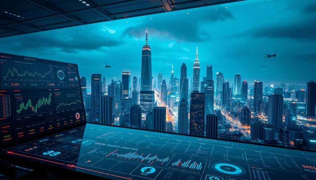 A radiant financial hub illuminated by the glow of innovative AI platforms. In the foreground, a sleek, futuristic dashboard presents a panoramic view of alternative investment opportunities - from cryptocurrency exchanges to cutting-edge fintech startups. The middle ground showcases a diverse array of digital assets, their values fluctuating in a mesmerizing dance of data visualizations. In the background, a skyline of towering skyscrapers reflects the boundless potential of AI-driven wealth management, guiding small businesses towards unprecedented growth and prosperity. Crisp, cinematic lighting highlights the fusion of technology and finance, creating a sense of power, progress, and limitless possibilities. A radiant financial hub illuminated by the glow of innovative AI platforms. In the foreground, a sleek, futuristic dashboard presents a panoramic view of alternative investment opportunities - from cryptocurrency exchanges to cutting-edge fintech startups. The middle ground showcases a diverse array of digital assets, their values fluctuating in a mesmerizing dance of data visualizations. In the background, a skyline of towering skyscrapers reflects the boundless potential of AI-driven wealth management, guiding small businesses towards unprecedented growth and prosperity. Crisp, cinematic lighting highlights the fusion of technology and finance, creating a sense of power, progress, and limitless possibilities.