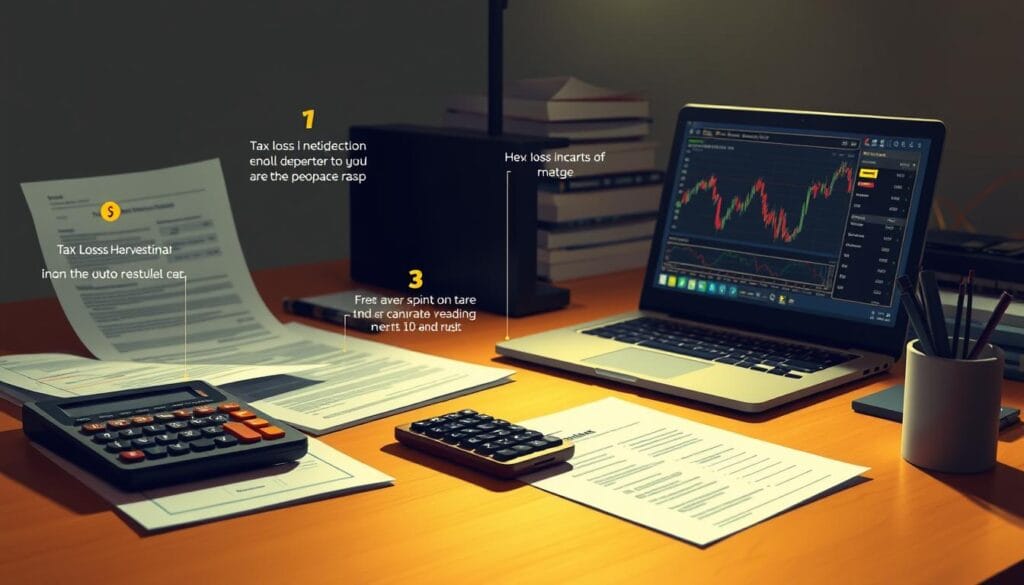 A realistic illustration of the tax loss harvesting process steps, featuring a desktop workspace with financial reports, a calculator, and a laptop displaying a cryptocurrency trading platform. The scene is illuminated by warm, directional lighting, creating a focused, professional atmosphere. The composition emphasizes the step-by-step nature of the process, with each element arranged to guide the viewer's eye through the workflow. The overall tone is one of efficiency and methodical decision-making, reflecting the practical nature of the task at hand.