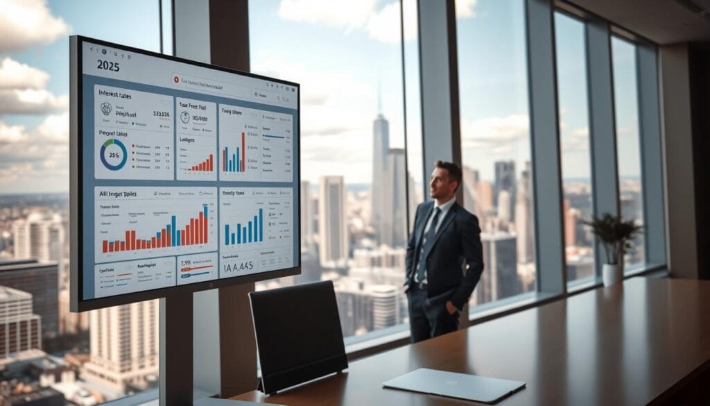 A scene of a modern, well-lit office space with large windows overlooking a bustling city skyline. In the foreground, a sleek, high-resolution computer monitor displays various loan comparison tools powered by advanced AI algorithms. The user interface features intuitive graphs, charts, and sliders that allow a person to easily compare interest rates, repayment terms, and other key loan details across multiple lenders. The middle ground shows a professional-looking person, dressed in business attire, confidently using the AI tools to find the best loan option for their needs. The background depicts the vibrant cityscape outside, suggesting the powerful, forward-thinking capabilities of these AI-powered loan comparison technologies in the year 2025.