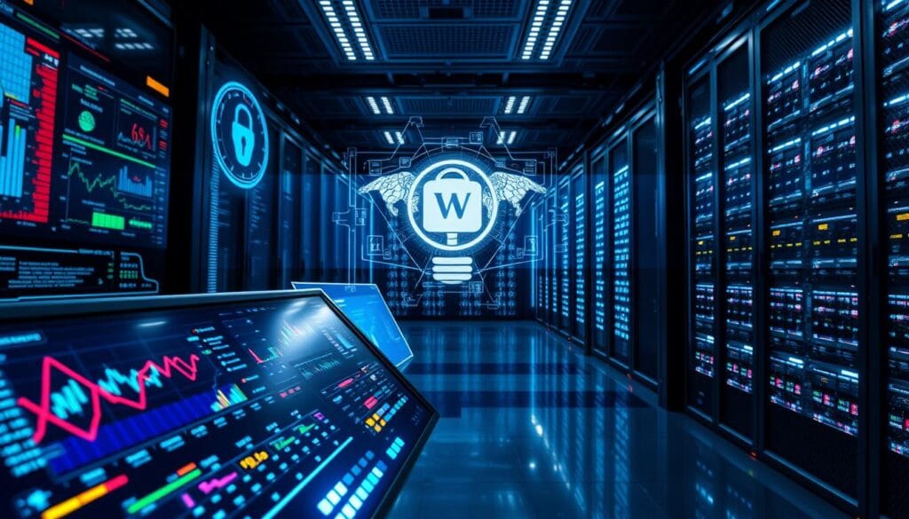 A secure and intelligent cybersecurity system, with advanced algorithms monitoring financial transactions in real-time. The foreground depicts a sleek control panel displaying complex data visualizations, with colorful graphs and charts reflecting the flow of digital assets. In the middle ground, holographic projections showcase advanced machine learning models analyzing patterns and anomalies. The background features a vast, high-tech data center, its servers and racks bathed in an ethereal blue glow, symbolizing the sheer scale and power of the fraud detection infrastructure. Lighting is dramatic, with sharp shadows and highlights emphasizing the technological sophistication. The overall atmosphere conveys a sense of precision, efficiency, and unwavering vigilance against financial crimes.