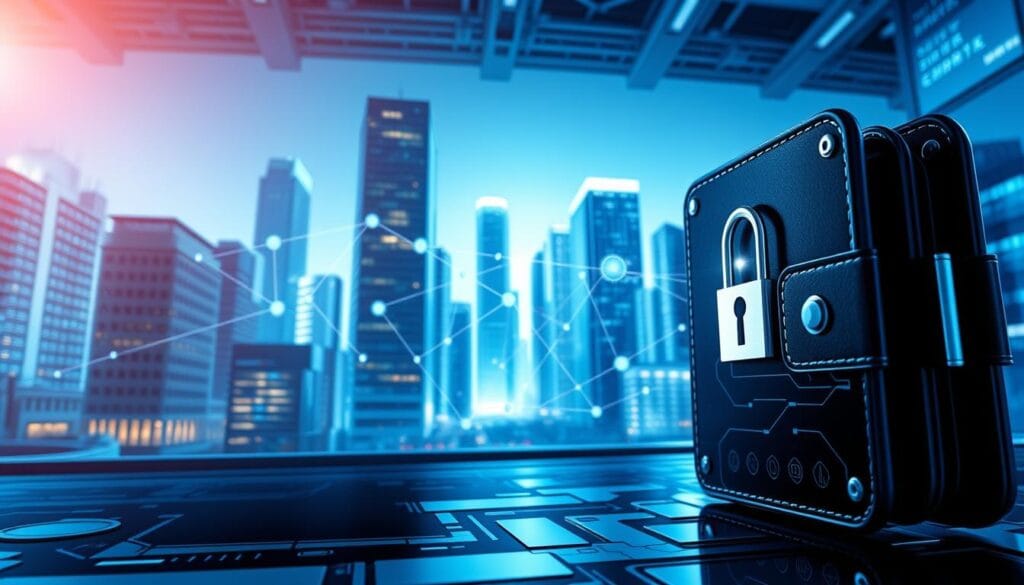 A secure blockchain payment system with a futuristic, hi-tech aesthetic. In the foreground, a digital wallet with a lock icon, representing the robust security features. In the middle ground, a stylized blockchain network visualization, with interconnected nodes and data streams. In the background, a cityscape of gleaming skyscrapers, symbolizing the integration of blockchain technology into the modern business landscape. Lighting is cool-toned and industrial, creating a sense of technological prowess. The entire scene is captured through a wide-angle lens, conveying a sense of scale and the transformative potential of blockchain payments. A secure blockchain payment system with a futuristic, hi-tech aesthetic. In the foreground, a digital wallet with a lock icon, representing the robust security features. In the middle ground, a stylized blockchain network visualization, with interconnected nodes and data streams. In the background, a cityscape of gleaming skyscrapers, symbolizing the integration of blockchain technology into the modern business landscape. Lighting is cool-toned and industrial, creating a sense of technological prowess. The entire scene is captured through a wide-angle lens, conveying a sense of scale and the transformative potential of blockchain payments.