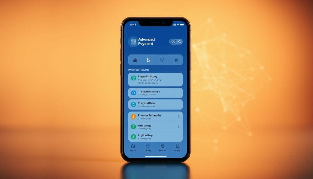 A secure cryptocurrency payment app interface showcasing advanced security features. In the foreground, a sleek mobile device display presents a digital wallet, fingerprint scanner, and two-factor authentication options. The middle ground depicts intuitive transaction history, encrypted data transfers, and secure login procedures. In the background, a subtle blockchain network visualization symbolizes the app's decentralized architecture and cryptographic protocols. Warm lighting, soft shadows, and a minimalist color palette convey a sense of trust, reliability, and technological sophistication.