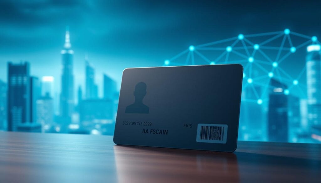 A secure digital identity system, with a blockchain-powered verification process. In the foreground, a sleek biometric ID card, its surface gleaming under soft, diffused lighting. In the middle ground, a series of interconnected nodes, representing the distributed ledger, casting a faint blue glow. In the background, a cityscape of towering skyscrapers, signifying the integration of this system into the fabric of a modern, technologically-advanced society. The atmosphere is one of trust, security, and seamless digital interoperability, capturing the essence of the future of identity verification. A secure digital identity system, with a blockchain-powered verification process. In the foreground, a sleek biometric ID card, its surface gleaming under soft, diffused lighting. In the middle ground, a series of interconnected nodes, representing the distributed ledger, casting a faint blue glow. In the background, a cityscape of towering skyscrapers, signifying the integration of this system into the fabric of a modern, technologically-advanced society. The atmosphere is one of trust, security, and seamless digital interoperability, capturing the essence of the future of identity verification.