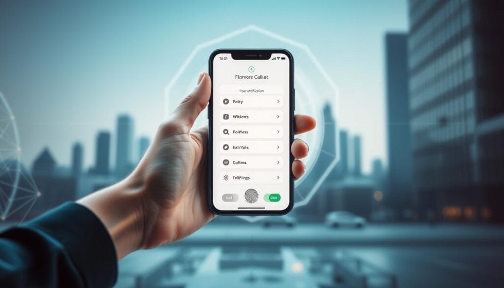 A secure digital payment platform with a biometric authentication interface. In the foreground, a user's hand hovers over a sleek, minimalist smartphone screen displaying various payment options. The phone's camera and fingerprint sensor are visible, seamlessly integrated for frictionless identity verification. In the middle ground, abstract geometric shapes and patterns suggest the secure data transmission and encryption happening behind the scenes. The background features a soft, blurred cityscape with skyscrapers, symbolizing the urban, cutting-edge setting. The lighting is clean, modern, and slightly cool-toned, evoking a sense of technological sophistication and trust. The overall composition conveys the reliability, safety, and convenience of next-generation digital wallet solutions.