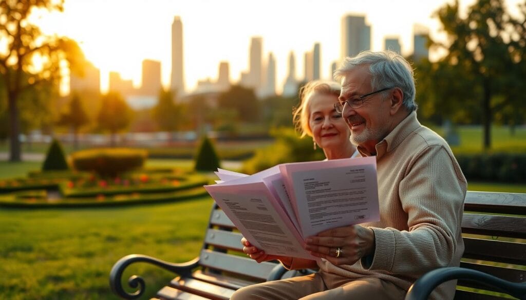 A senior couple sitting on a park bench, gazing at a stack of life insurance policies in their hands, set against a warm, golden sunset backdrop. The foreground is sharply in focus, with intricate details on the policies and the couple's expressions of contentment and financial security. The middle ground features a lush, well-manicured garden, and the background showcases a modern city skyline, symbolizing the stability and prosperity associated with the best life insurance policies for seniors in 2025. The lighting is soft and diffused, creating a serene, contemplative atmosphere. A senior couple sitting on a park bench, gazing at a stack of life insurance policies in their hands, set against a warm, golden sunset backdrop. The foreground is sharply in focus, with intricate details on the policies and the couple's expressions of contentment and financial security. The middle ground features a lush, well-manicured garden, and the background showcases a modern city skyline, symbolizing the stability and prosperity associated with the best life insurance policies for seniors in 2025. The lighting is soft and diffused, creating a serene, contemplative atmosphere.