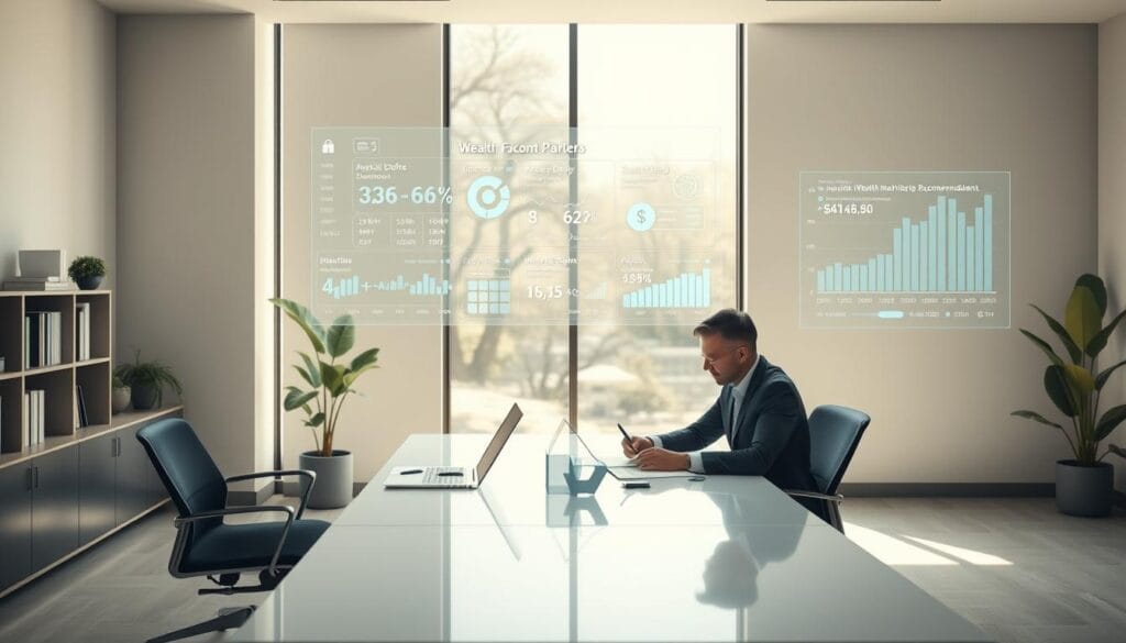 A serene and minimalist corporate office setting, with a large window providing ample natural lighting. In the foreground, two financial advisors sit at a sleek, modern desk, deep in discussion as they review digital displays and financial documents. The background features a blend of physical and virtual elements - a bookshelf, potted plants, and a large, interactive holographic display showcasing real-time market data and investment recommendations. The overall atmosphere conveys a sense of collaboration, innovation, and a seamless integration of human expertise and AI-powered insights in the wealth management advisory process.