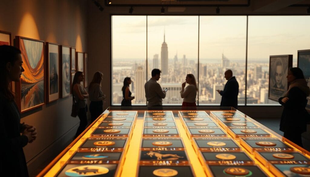 A serene digital art gallery, illuminated by warm, natural lighting. In the foreground, a display of digital art tokens, each encased in a sleek, minimalist frame. The middle ground features a group of potential investors, engaged in thoughtful discussion, examining the tokenized art pieces. In the background, a panoramic view of the city skyline, conveying a sense of opportunity and progress. The overall mood is one of innovation, investment, and the intersection of art and technology. A serene digital art gallery, illuminated by warm, natural lighting. In the foreground, a display of digital art tokens, each encased in a sleek, minimalist frame. The middle ground features a group of potential investors, engaged in thoughtful discussion, examining the tokenized art pieces. In the background, a panoramic view of the city skyline, conveying a sense of opportunity and progress. The overall mood is one of innovation, investment, and the intersection of art and technology.