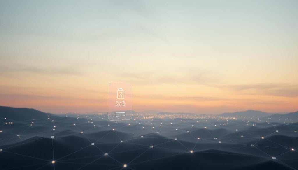 A serene digital landscape depicting the benefits of blockchain-based identity verification. In the foreground, a secure, encrypted digital ID card holograms gently pulsing with light. The middle ground features a network of interconnected nodes, each representing a secure identity transaction. The background is a soft, gradient-filled sky, hinting at the decentralized, open-source nature of the blockchain technology. Muted colors, a sense of balance and harmony convey the reliability and trustworthiness of this identity verification system. Crisp, high-resolution rendering with a clean, minimalist aesthetic. A serene digital landscape depicting the benefits of blockchain-based identity verification. In the foreground, a secure, encrypted digital ID card holograms gently pulsing with light. The middle ground features a network of interconnected nodes, each representing a secure identity transaction. The background is a soft, gradient-filled sky, hinting at the decentralized, open-source nature of the blockchain technology. Muted colors, a sense of balance and harmony convey the reliability and trustworthiness of this identity verification system. Crisp, high-resolution rendering with a clean, minimalist aesthetic.