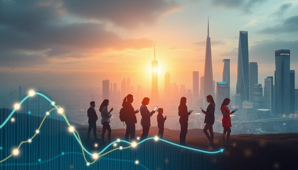 A serene digital landscape with a modern, minimalist aesthetic. In the foreground, a stylized graph or chart depicting the growth of financial knowledge, represented by glowing data points and lines. In the middle ground, a group of diverse people, each engaged with a holographic display or interactive device, learning about personal finance, investments, and budgeting. In the background, a sleek, futuristic cityscape with towering skyscrapers and gleaming infrastructure, symbolizing the integration of financial literacy into the fabric of the digital age. Warm, diffused lighting casts a glow over the entire scene, conveying a sense of progress, education, and empowerment.