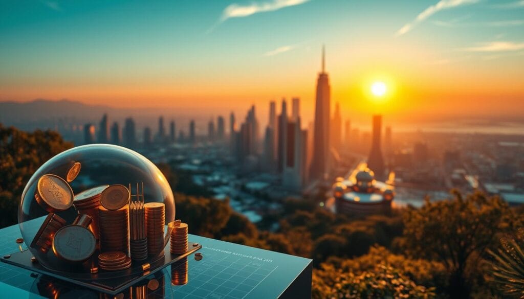 A serene financial landscape where retirement savings grow steadily over time, propelled by the innovative power of AI-driven optimization. In the foreground, a detailed visualization of an investment portfolio, its components artfully displayed, showcasing the harmonious interplay of diverse assets. In the middle ground, a cityscape of futuristic skyscrapers, their sleek designs a testament to the technological advancements that power the financial industry. The background is a vast, azure sky, lit by the warm glow of a setting sun, symbolizing the peaceful transition into the golden years of retirement. The image is captured through a wide-angle lens, creating a sense of depth and grandeur, inviting the viewer to envision the transformative impact of AI on long-term wealth generation.