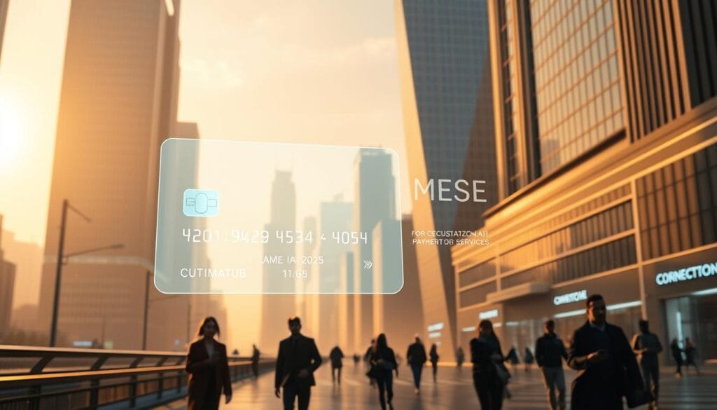 A serene, futuristic cityscape bathed in warm, diffused light. In the foreground, a holographic display showcases a sleek, minimalist credit card interface with intuitive gesture controls. Customizable AI-powered payment options float in mid-air, tailored to the user's individual needs and spending habits. In the middle ground, silhouettes of pedestrians move through the scene, their handhelds and wearables seamlessly integrating with the hyper-personalized financial services. The background depicts towering, angular skyscrapers adorned with subtle neon accents, reflecting the advanced, yet elegant aesthetic of the 2025 urban landscape.