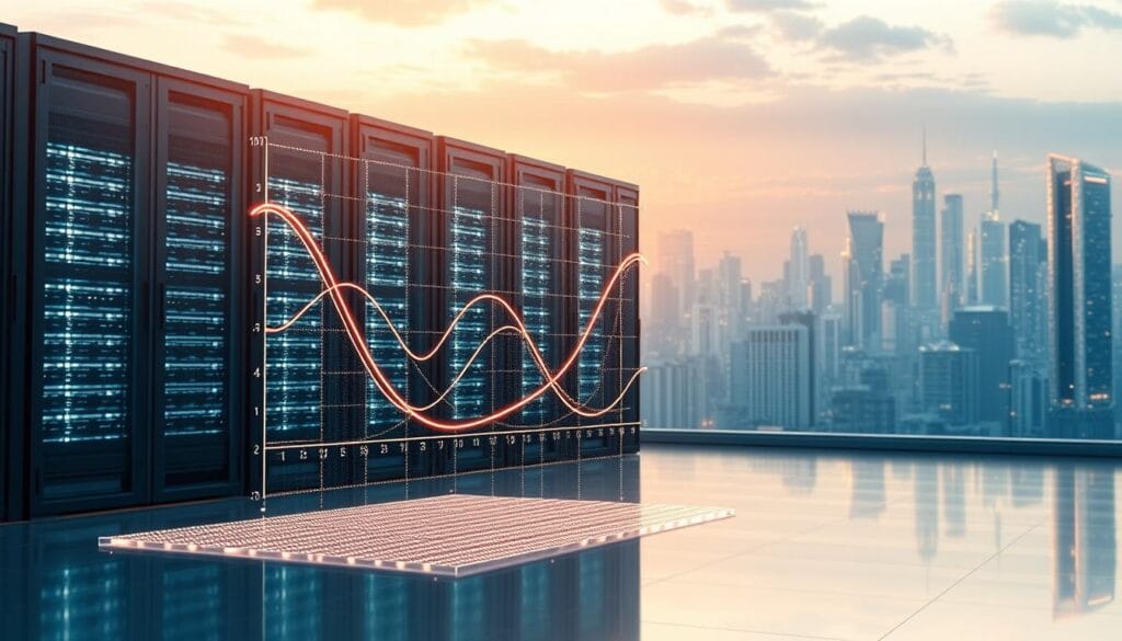 A serene, futuristic landscape where a Markowitz portfolio optimization model is seamlessly integrated with quantum computing technology. In the foreground, a three-dimensional holographic projection of the Markowitz mean-variance analysis, its lines and curves elegantly intertwined with glowing quantum circuits. The middle ground features a sleek, state-of-the-art quantum server farm, its server racks emitting a soft, ambient glow. In the background, a vast, panoramic view of a gleaming, high-tech city skyline, hinting at the transformative impact of this quantum-enhanced financial modeling. The scene is bathed in a warm, ethereal light, conveying a sense of innovation, efficiency, and the promise of a new era in portfolio optimization. A serene, futuristic landscape where a Markowitz portfolio optimization model is seamlessly integrated with quantum computing technology. In the foreground, a three-dimensional holographic projection of the Markowitz mean-variance analysis, its lines and curves elegantly intertwined with glowing quantum circuits. The middle ground features a sleek, state-of-the-art quantum server farm, its server racks emitting a soft, ambient glow. In the background, a vast, panoramic view of a gleaming, high-tech city skyline, hinting at the transformative impact of this quantum-enhanced financial modeling. The scene is bathed in a warm, ethereal light, conveying a sense of innovation, efficiency, and the promise of a new era in portfolio optimization.