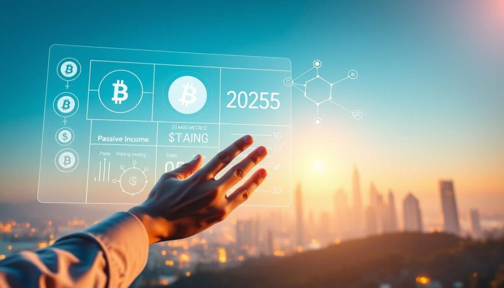 A serene, futuristic landscape with a transparent, holographic interface depicting various cryptocurrency symbols and staking metrics, bathed in a soft, warm glow of ambient lighting. In the foreground, a user's hand hovers over a digital panel, manipulating staking parameters. In the middle ground, stylized 3D representations of blockchain nodes and networks interconnect, symbolizing the passive income generation process. The background depicts a cityscape of gleaming skyscrapers and towers, hinting at the widespread adoption of cryptocurrency staking as a mainstream financial strategy in the year 2025.