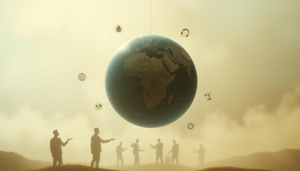 A serene, globular world map suspended in a hazy, ethereal atmosphere. Soft, diffused light emanates from behind, casting a warm, otherworldly glow. In the foreground, delicate icons representing sustainability principles - a leaf, a water drop, an energy symbol - orbit the Earth, their movements subtly reflecting the interconnected nature of environmental, social, and governance factors. The middle ground features muted, translucent silhouettes of various stakeholders - investors, corporations, policymakers - gesturing towards the central sphere, symbolizing the collaborative impact of ESG practices on a global scale. The background is a dreamlike, abstract landscape, with hazy, indistinct forms that evoke a sense of harmony and balance. The overall composition conveys the far-reaching, holistic influence of ESG principles on the world stage.